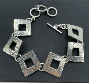 Sterling Silver Hammered Link Bracelet Up to 8" Toggle Clasp 925 18mm Squares